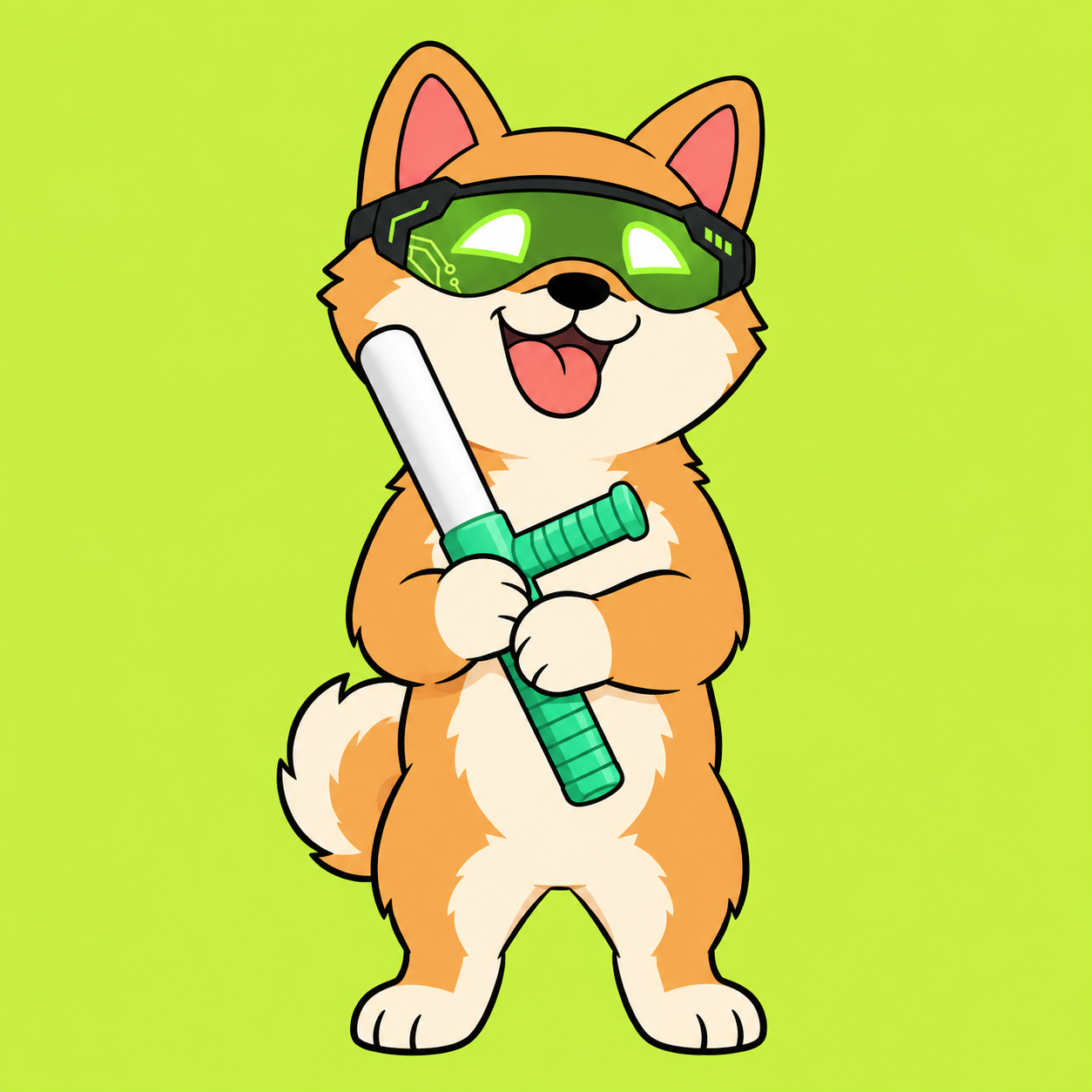 Artificial Shiba Baton wearing a neon green visor and holding a mint gadget